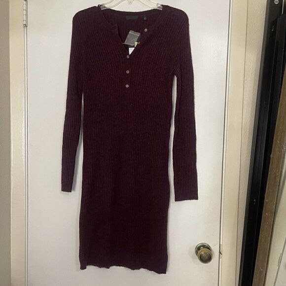 NEW! ATM Cashmere blend long sleeve wide rib sweater dress dark red small $395 - Picture 3 of 7